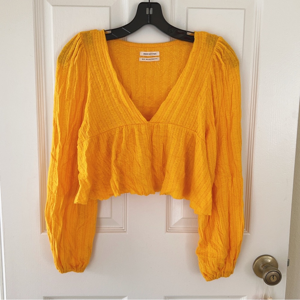 Urban Outfitters Prairie Ribbed Cropped V-Neck Babydoll Knit Top Sun Yellow XS